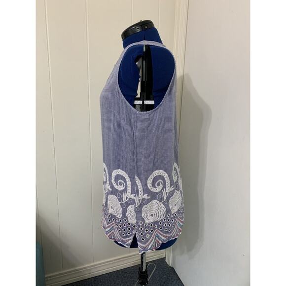 Talbot's Tunic Top L Sleeveless Pullover Embroidered Beaded Blue striped Coastal - Picture 2 of 7